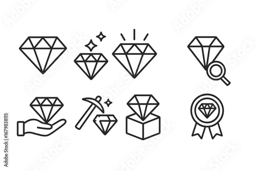 Diamond line icon set. Vector brilliant gem collection. Includes symbols for jewelry, luxury, wealth, mining, quality, inspection, value, and awards. Editable stroke for design.
