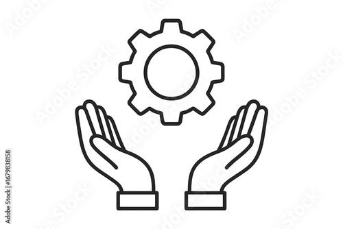 Mechanism support concept vector. Open hands holding gear icon. Technical service, settings, cogwheel in palms outline illustration. Editable stroke for web, graphic design, business, workflow.