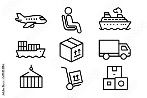 Passenger, cargo, and cruise transport icon set. Vector line art for logistics, global shipping, and delivery services. Editable stroke symbols for plane, truck, ship, container.