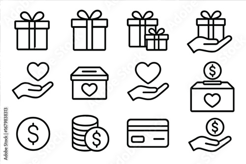 Donation Charity Banking Icon Set. Gift, Present, Credit Card, Fundraising, Heart, Helping Hand, Money, Finance, Donation Box, Outline Line Icons for Apps, Web, Advertising, Cards, Vector.
