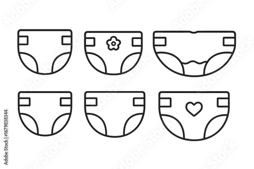 Baby diaper and nappy line icon set. Vector symbols for parenting, newborn care, and hygiene. Editable stroke illustration for UI, web design, apps. Simple outline graphic.