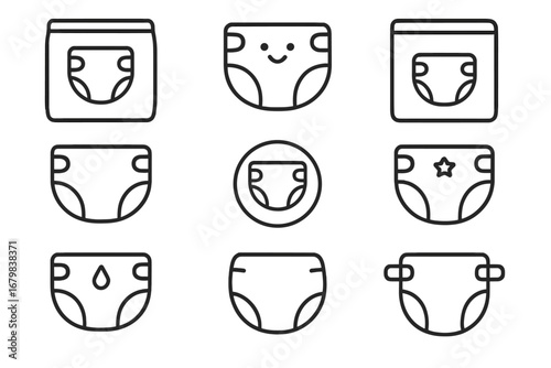 Diaper and nappy thin line icon set. Baby hygiene and childcare concept. Vector icons of disposable diapers, absorbent pads, and packaging. Editable stroke for web and apps.
