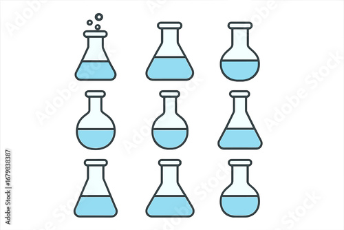 Science lab flask and beaker icon set. Chemical laboratory glassware with blue liquid. Vector illustration for chemistry experiment, research, or education. Flat cartoon design.