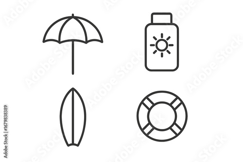 Summer beach vacation icon set with thin line symbols. Vector graphics of umbrella, sunscreen, surfboard, and lifebuoy for concepts of sun protection, water safety, and travel.