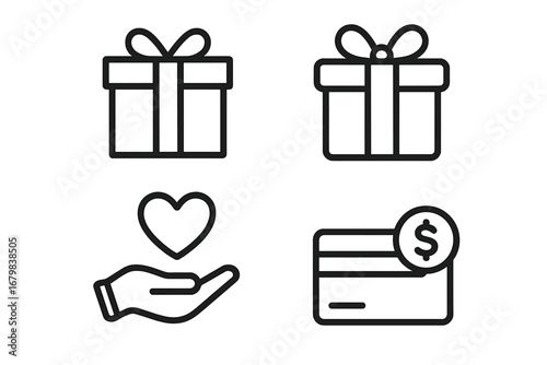 Present Gift Charity Credit Card Modern Outline Icons Set for Website Design App Social Media Donation Holiday Shopping Payment Financial Support Transparent Vector Illustration