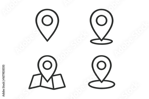 Map pin line icon set. Location marker and destination pointer symbol collection for web and app design. GPS navigation and travel route concepts in a minimalist outline style.