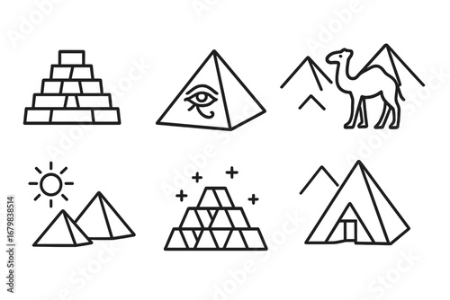 Ancient Egypt pyramid icons bundle, thin line editable stroke vector set with camels, sun, all-seeing eye symbol, landscapes, temples, historical monuments, outline illustration collection