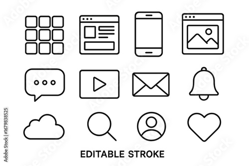 Web and app interface line icon pack. Editable stroke vector set for UI and UX design. Minimalistic linear pictograms of phone, mail, search, like, user, and notification.