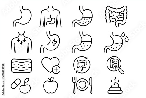 Digestion and intestine health thin line icon set. Stomach, gut, bowel, and digestive system vector icons. Gastroenterology, diet, and nutrition concepts. Editable stroke.