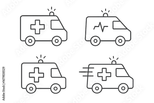 Ambulance car line icon collection. Emergency medical service vehicle symbol. Simple outline transport set for web, app. Paramedic rescue concept. Hospital help sign vector.
