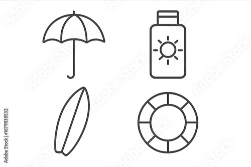 Beach vacation icon collection. Thin line art icons including umbrella, sunscreen, surfboard, lifebuoy. Vector graphic set for summer travel, sun protection, and seaside safety.