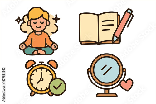 Self care icons set for mental health and personal well-being. Mindfulness meditation, journaling diary, time management and self love reflection cartoon vector illustration.