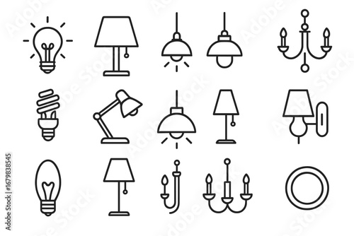 Set of Illumination and Lighting Vector Line Icons. Light bulb, desk lamp, pendant lamp, chandelier, wall lamp, ceiling light, outline household and office lighting symbols for web and graphic design