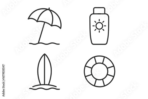 Summer beach vacation icon set. Thin line vector icons of umbrella, sunscreen, surfboard, and lifebuoy. Sun protection, water sports, and travel safety symbols for web design.