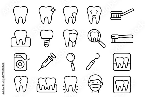 Dentistry and dental care line icon set. Stomatology, orthodontics, oral hygiene concepts. Tooth, caries, implant, veneer, floss, toothbrush, x-ray, dentist tools icons.