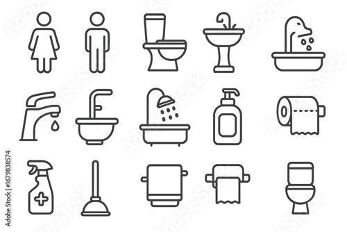 Restroom and bathroom vector line icon set. Outline symbols for public toilet, WC, hygiene, and sanitation. Includes sink, shower, soap, and pictogram signs for web and apps.