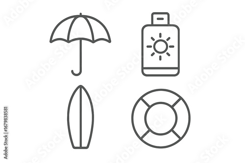 Summer beach vacation icon set. Vector line art symbols of umbrella, sunscreen, surfboard, and lifebuoy. Sun protection, travel, and water sports concept for web.