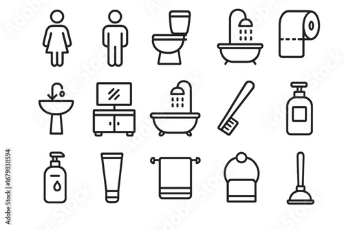 Bathroom line icon set. Restroom and toilet pictograms. Personal care and hygiene symbols. Vector collection of sink, shower, bathtub, soap, towel, toothbrush signs for web design.