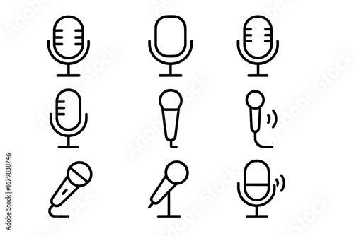 Microphone line icon set. Audio record and voice sound symbols. Podcast, broadcast, and studio equipment outline pictograms for web and mobile app UI design. Vector signs.