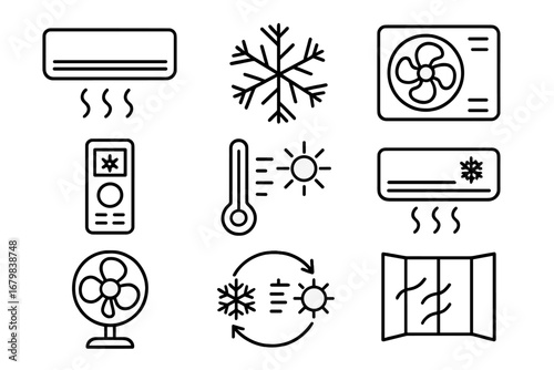 Air Conditioner and Climate Control Line Icons Set. Outline Symbols for HVAC, Cooling, Heating, Ventilation, Room Temperature, Thermostat, Weather, Fan, Indoor Air Quality, Remote Control