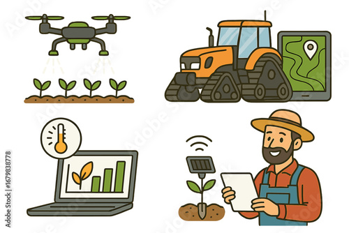 Smart farming technology icon set. Agritech innovation for agriculture. Farmer with tablet, drone sprayer, autonomous tractor, crop monitoring sensor for higher efficiency. IoT.