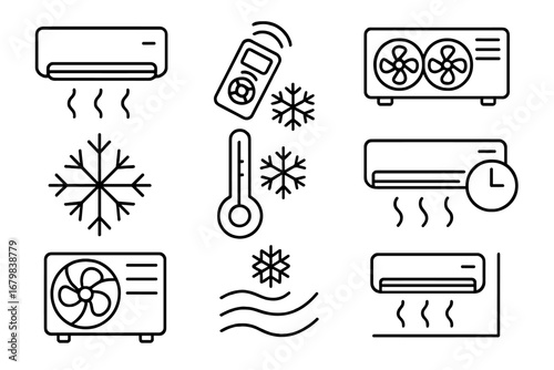 Thin Line Air Conditioning Icon Set. Outline Symbols for HVAC, Climate Control, Cooling, Heating, Ventilation, Temperature, Thermostat, Remote Control, Timed Operation. Vector Illustration