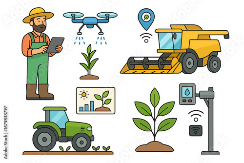 Smart farming technology icon set. Farmer with tablet, drone sprayer, combine harvester, tractor. Agritech automation, crop monitoring, IoT sensors for agriculture. Vector cartoon.