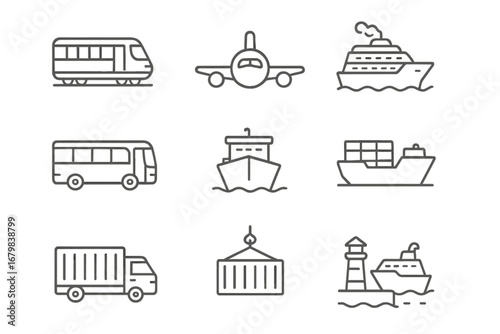 Transport and Shipping Line Icons Set. Passenger Train, Airplane, Cruise Ship, Bus, Cargo Container, Delivery Truck, Port, Nautical Symbols. Editable Stroke Vector Illustration for Web, Apps, Print