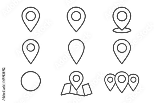 Location map pin line icons collection. Minimalist geolocation and navigation symbols. Linear pointer markers set for web, app, banner, map interface, GPS guide, travel, social media, infographic.