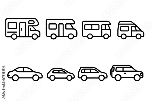Car and motorhome line icon set. RV, camper, van, sedan, suv vehicle collection. Automobile transport thin line symbols. Road trip, vacation, travel concepts. Vector.