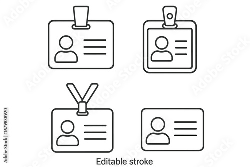 Employee ID badge line icon set. Vector collection of identification card, access pass, and name tag symbols with lanyard. Corporate identity and security outline pictogram.