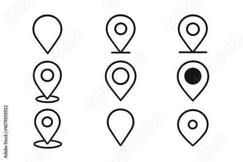 Map pin line icons set. Minimalistic linear location pointer symbols collection. Outline place marker pictograms for web, mobile app, navigation interface, GPS map, social media, banner design