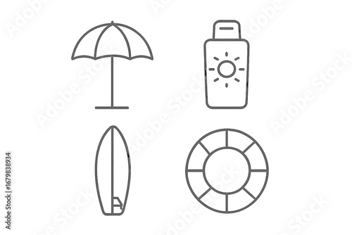 Summer beach vacation line icon set. Vector collection of umbrella, sunscreen, surfboard, and lifebuoy. Minimalist thin line symbols for travel, safety, and leisure design.