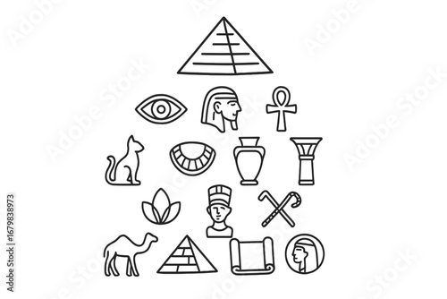 Ancient Egypt thin line icon set vector illustration. Pyramid, pharaoh, cat, ankh, eye, vase, scroll, camel. Editable stroke isolated on transparent background. Perfect for web, books, apps, cards