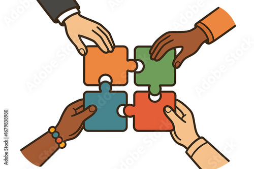 Diverse hands connecting puzzle pieces. Concept of teamwork, collaboration, partnership, and business solution. Unity and cooperation for creative problem-solving and strategy.