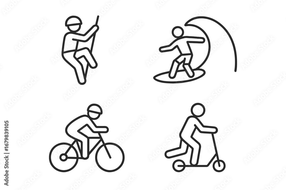 Naklejka premium Adventure sports vector line icon set. Climbing, surfing, biking, scootering outline symbols. Extreme outdoor activities, recreation and lifestyle pictogram collection.