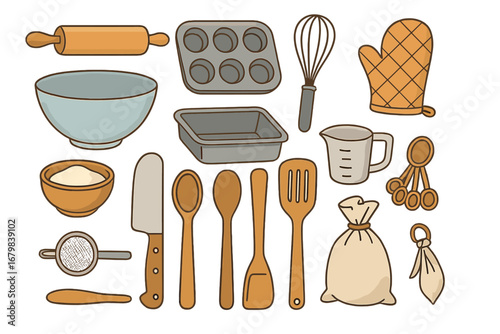 Vector collection of kitchen tools for baking and cooking. Cartoon illustration set with culinary utensils: rolling pin, whisk, bowl, pan. Concept for homemade pastry.
