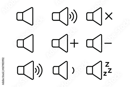 Volume control thin line icon set. Sound speaker outline signs for web design, apps, and user interface. Audio level, mute, silent mode, sound on and off vector symbols.