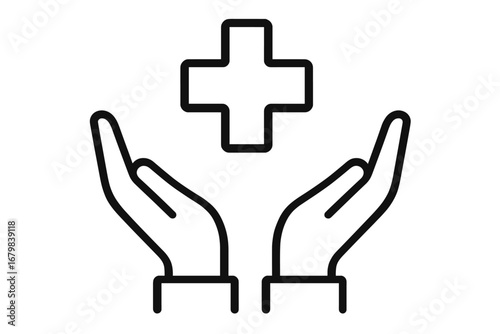 Medical cross in open hands symbol. Healthcare, medicine, and charity concept. Metaphor for health insurance, support, help, and protection. First aid line art icon for web.