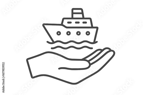Hand protecting a ship. Concept of travel safety, cruise insurance, maritime security, and passenger care. Minimal vector line icon for logistics, tourism, and booking.
