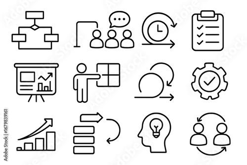Agile and scrum outline icon set. Project management, development and workflow tools. Business process symbols. Sprint, kanban, meeting and teamwork linear vectors.