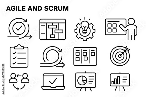 Agile and Scrum outline icon set for project management. Business development process and workflow symbols. Vector collection for methodology, sprint, kanban, and planning.