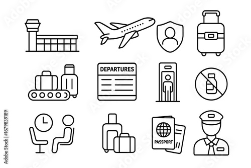 Airport travel linear icon set. Flight security, luggage, and passenger control line icons. Aviation transport symbols: plane, passport, terminal, baggage claim, pilot.