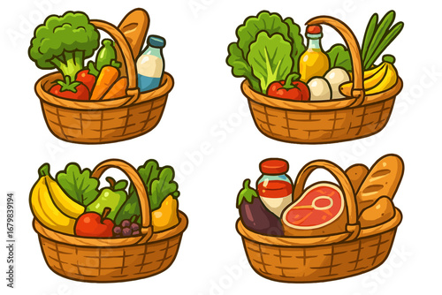 Set of market baskets with fresh food. Grocery shopping concept. Wicker baskets with produce, fruit, vegetables, meat, bread. Healthy organic eating. Vector cartoon illustration.