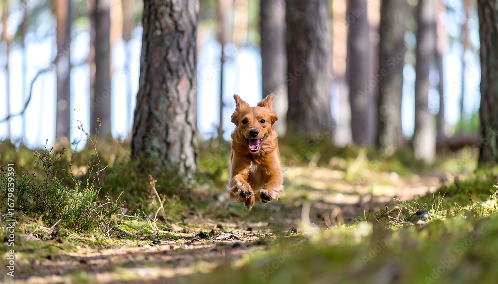 Naklejka premium Happy dog running through a sunlit forest path surrounded by trees and moss.