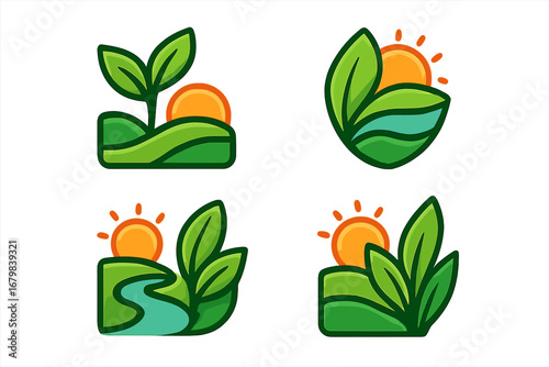 Vibrant mountain sunrise nature adventure logo set, green leaves sun landscape river vector illustration for eco tourism, outdoor travel, environmental conservation, agriculture, hiking emblem concept