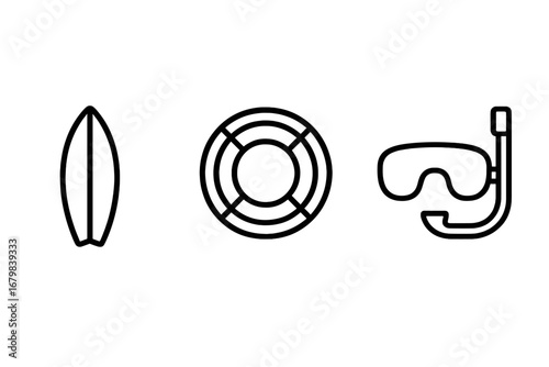 Surfboard Lifeline Snorkel Mask Line Icon Set. Minimalist Linear Water Sports Equipment Symbols. Simple Black Pictograms for Beach Activity Designs, Apps, Banners, Social Media, Web, Card Projects