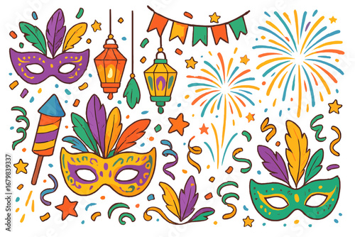 Set of colorful carnival elements. Vector illustration of festival celebration with masquerade mask, firework, lantern, confetti. Holiday party decoration graphic design collection.
