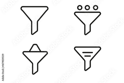 Funnel and filter thin line icon collection. Business marketing sales pipeline, data conversion, and lead generation process. Vector outline pictograms for infographics, UI, UX.