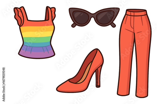 Woman clothes set for summer look. Colorful casual outfit with rainbow lgbtq pride top, trendy red pants, high heel shoe, sunglasses. Vector cartoon fashion illustration.